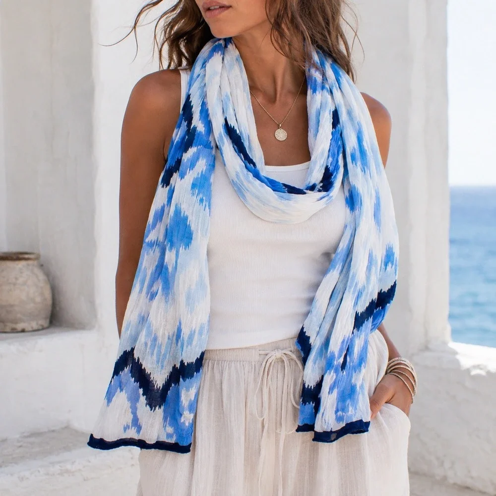 Blue Ikat Print Lightweight Scarf Wrap Boho Coastal Summer Shawl